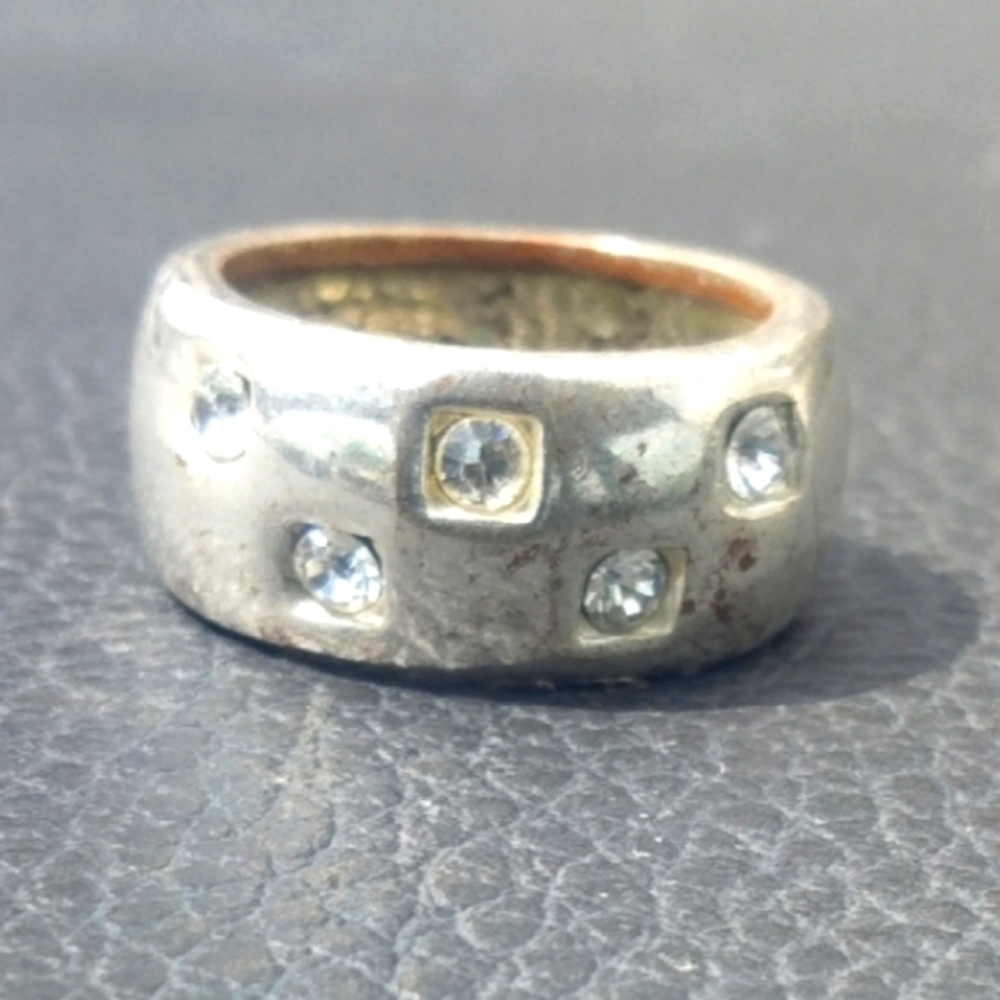 Tiffany Style Silver Band Chunky Ring Wide with Crystal Accents Size 9.5 Vintage